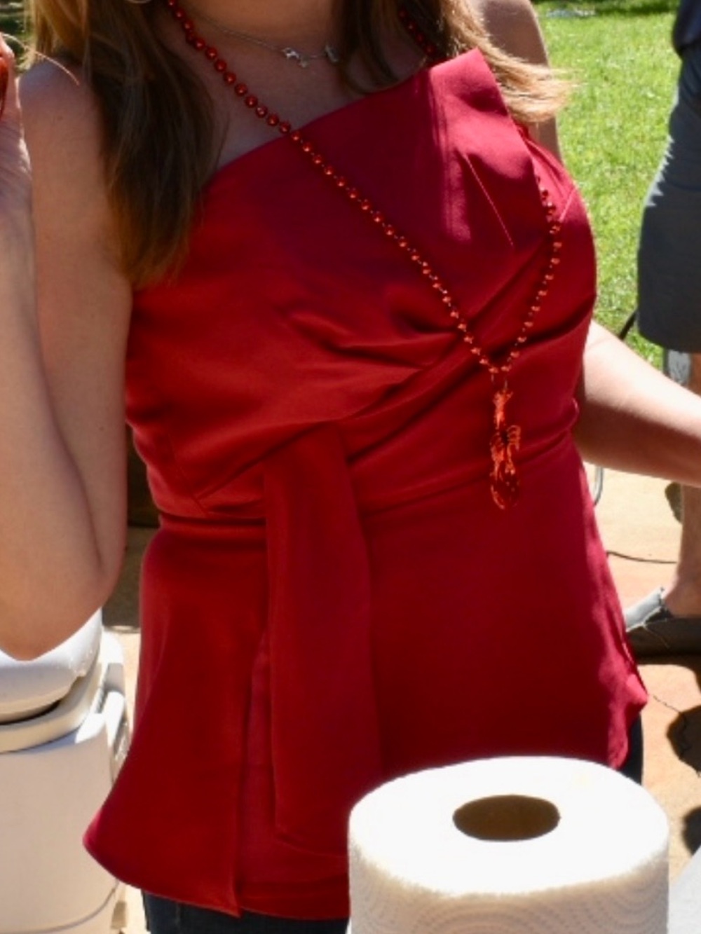 White House Black Market Strapless Red Peplum Top